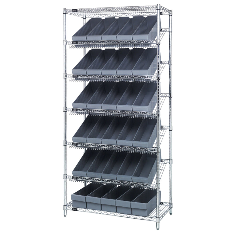 18"d x 36"w x 74"h 7-Tier Slanted Wire Shelving with 17-3/4"d x 5-9/16"w x 4-5/8"h Drawers