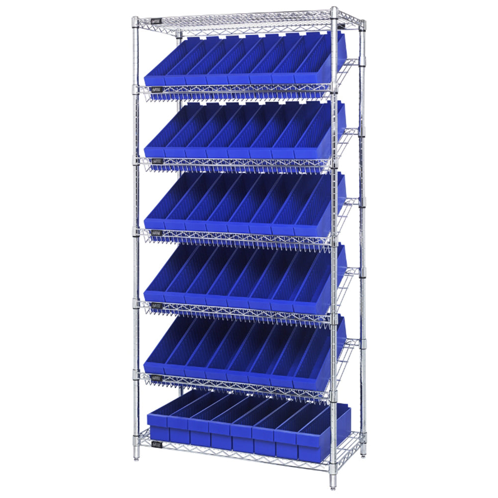 18"d x 36"w x 74"h 7-Tier Slanted Wire Shelving with 17-5/8"d x 3-3/4"w x 4-5/8"h Drawers