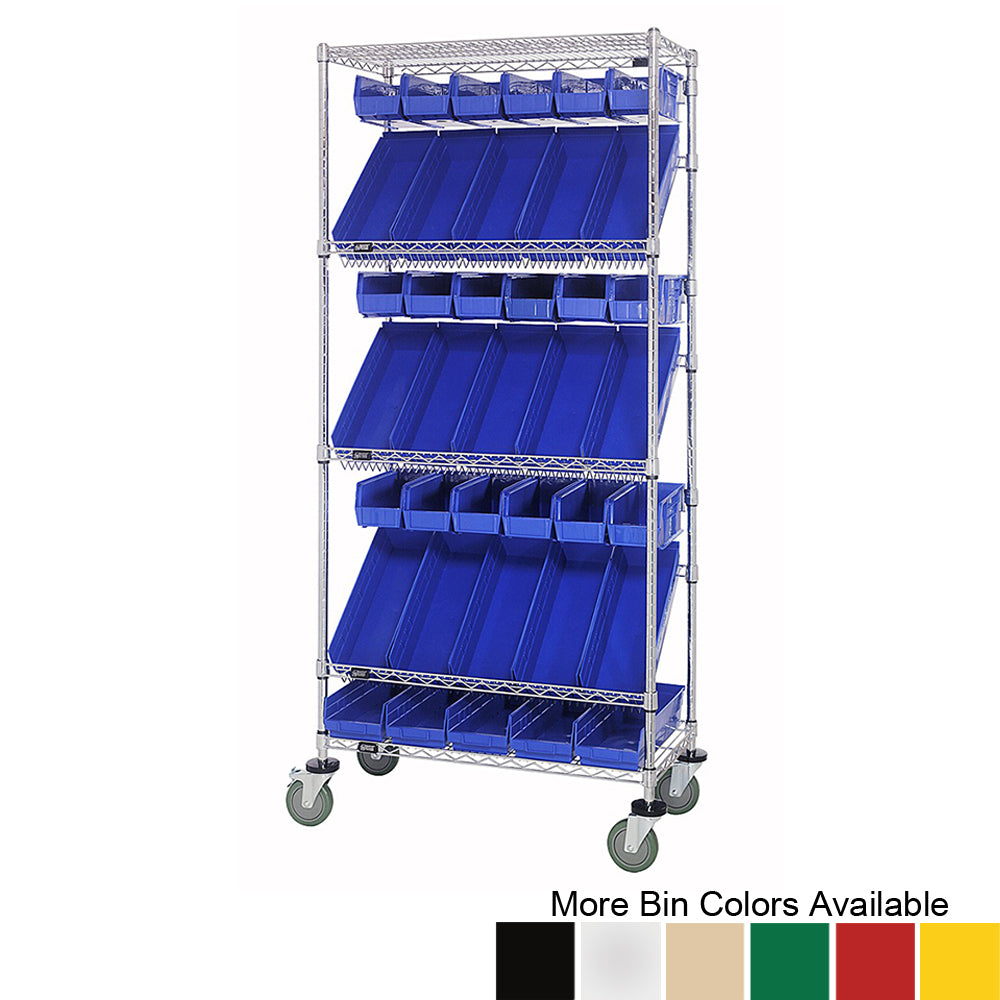 18"d x 36"w x 80"h 5-Tier Slanted Wire Shelving Carts with 5"h Hang Bins & 4"h Shelf Bins