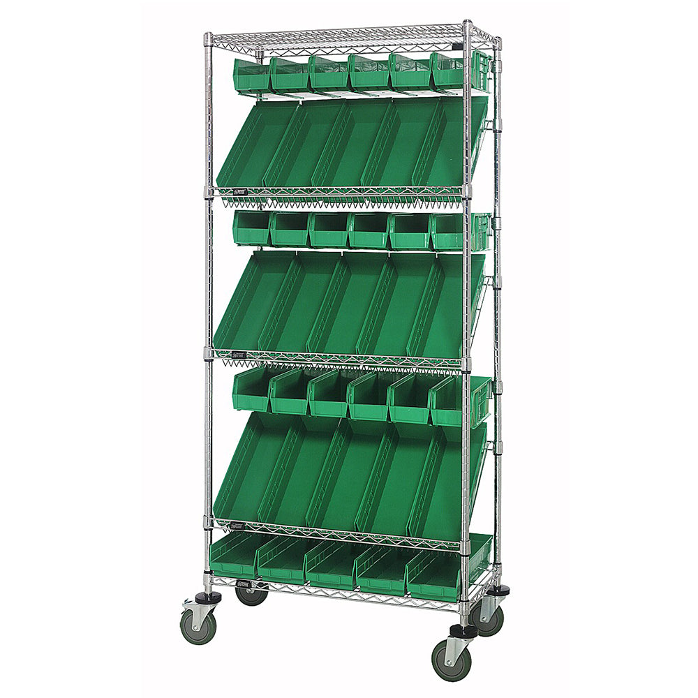 18"d x 36"w x 80"h 5-Tier Slanted Wire Shelving Carts with 5"h Hang Bins & 4"h Shelf Bins