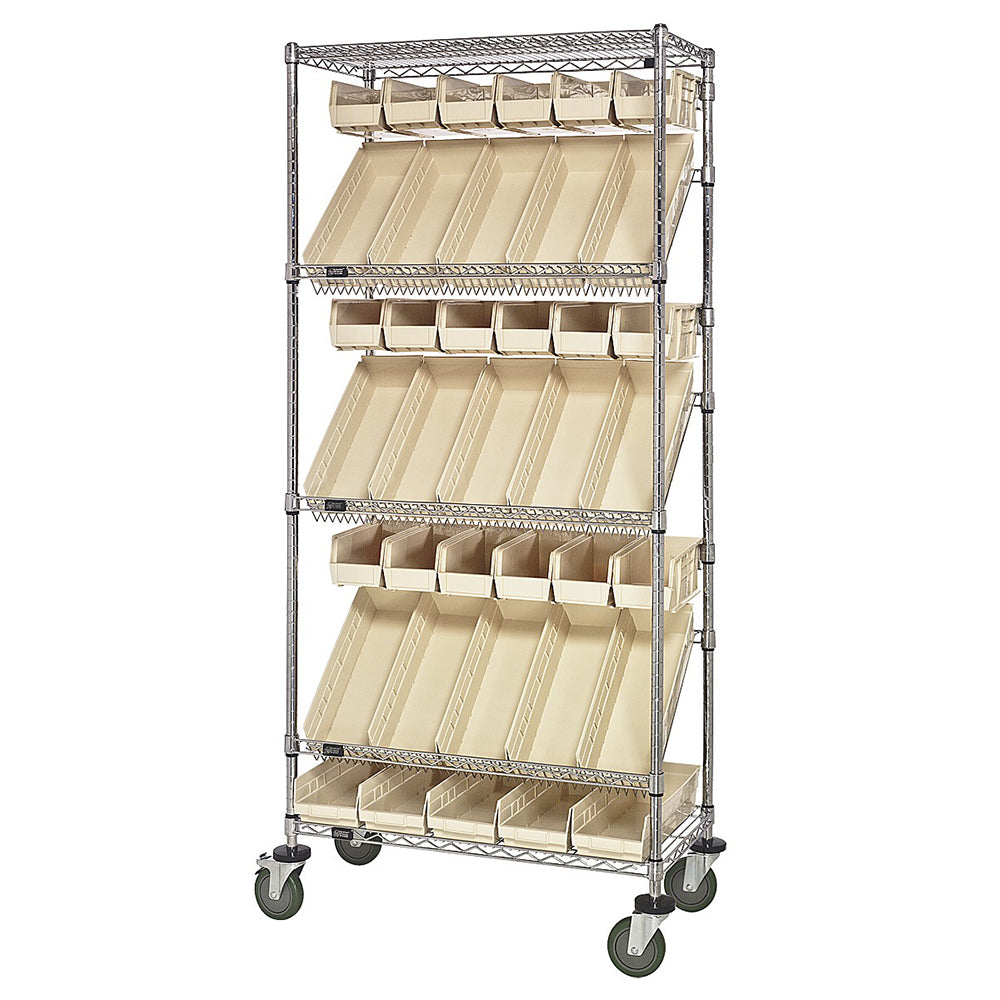 18"d x 36"w x 80"h 5-Tier Slanted Wire Shelving Carts with 5"h Hang Bins & 4"h Shelf Bins