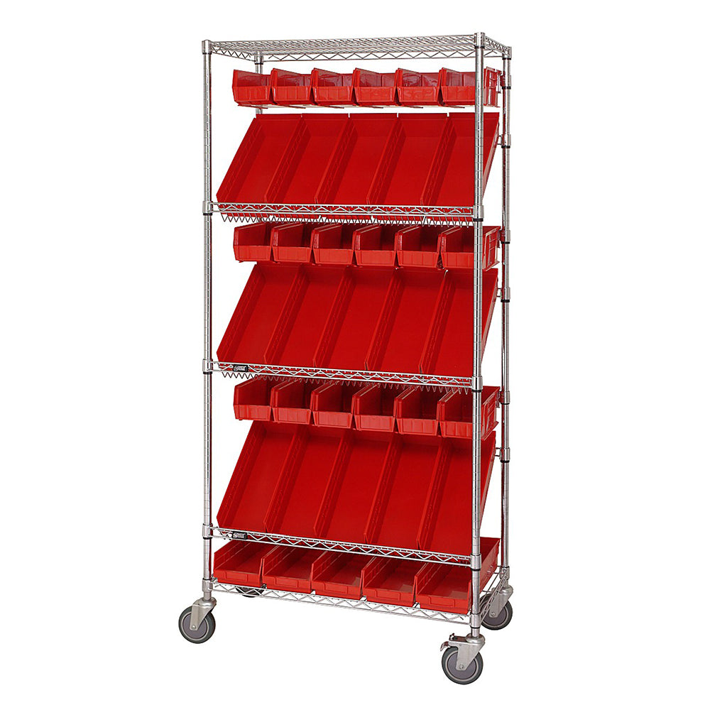 18"d x 36"w x 80"h 5-Tier Slanted Wire Shelving Carts with 5"h Hang Bins & 4"h Shelf Bins