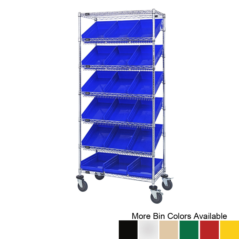 18"d x 36"w x 80"h 7-Tier Slanted Wire Shelving Carts with 17-7/8"d x 11-1/8"w x 4"h Bins