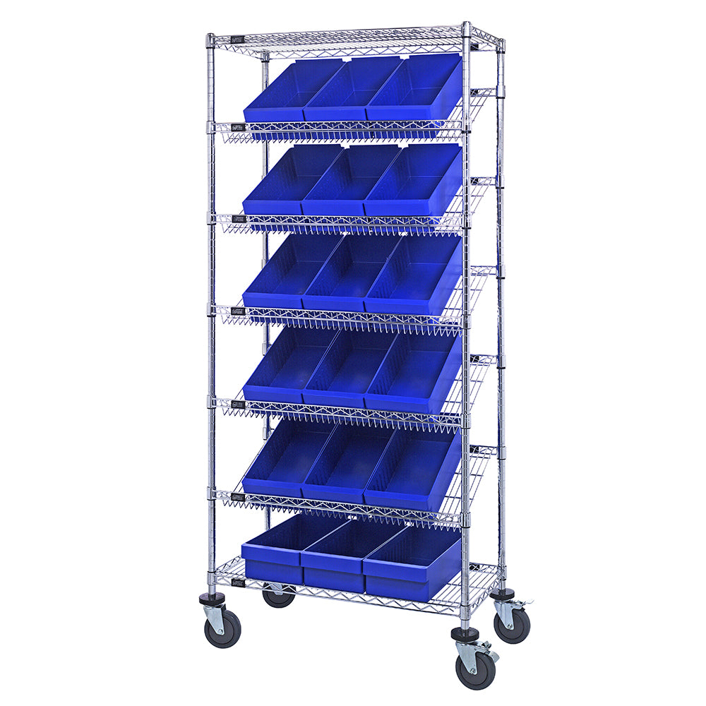 18"d x 36"w x 80"h 7-Tier Slanted Wire Shelving Carts with 17-5/8"d x 8-3/8"w x 4-5/8"h Drawers