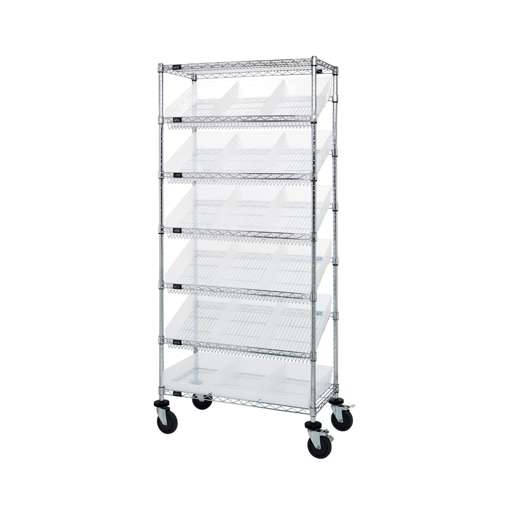 18"d x 36"w x 80"h 7-Tier Slanted Wire Shelving Carts with 17-7/8"d x 11-1/8"w x 4"h Bins