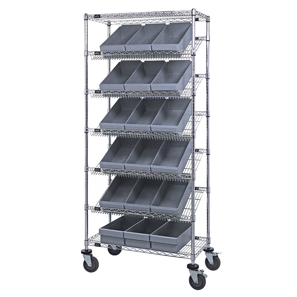 18"d x 36"w x 80"h 7-Tier Slanted Wire Shelving Carts with 17-5/8"d x 8-3/8"w x 4-5/8"h Drawers