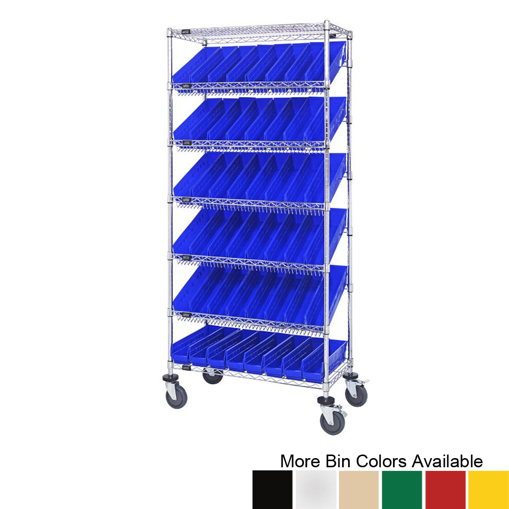 18"d x 36"w x 80"h 7-Tier Slanted Wire Shelving Carts with 17-7/8"d x 4-1/8"w x 4"h Bins