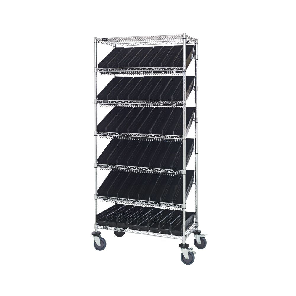 18"d x 36"w x 80"h 7-Tier Slanted Wire Shelving Carts with 17-7/8"d x 4-1/8"w x 4"h Bins