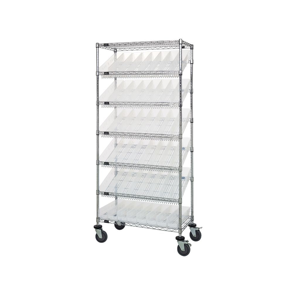 18"d x 36"w x 80"h 7-Tier Slanted Wire Shelving Carts with 17-7/8"d x 4-1/8"w x 4"h Bins