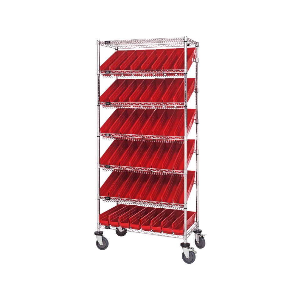 18"d x 36"w x 80"h 7-Tier Slanted Wire Shelving Carts with 17-7/8"d x 4-1/8"w x 4"h Bins