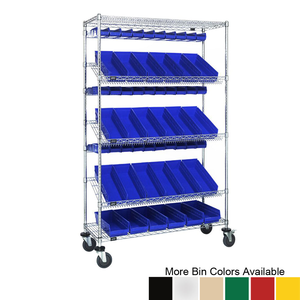 18"d x 48"w x 80"h 5-Tier Slanted Wire Shelving Carts with 3"h Hang Bins & 4"h Shelf Bins