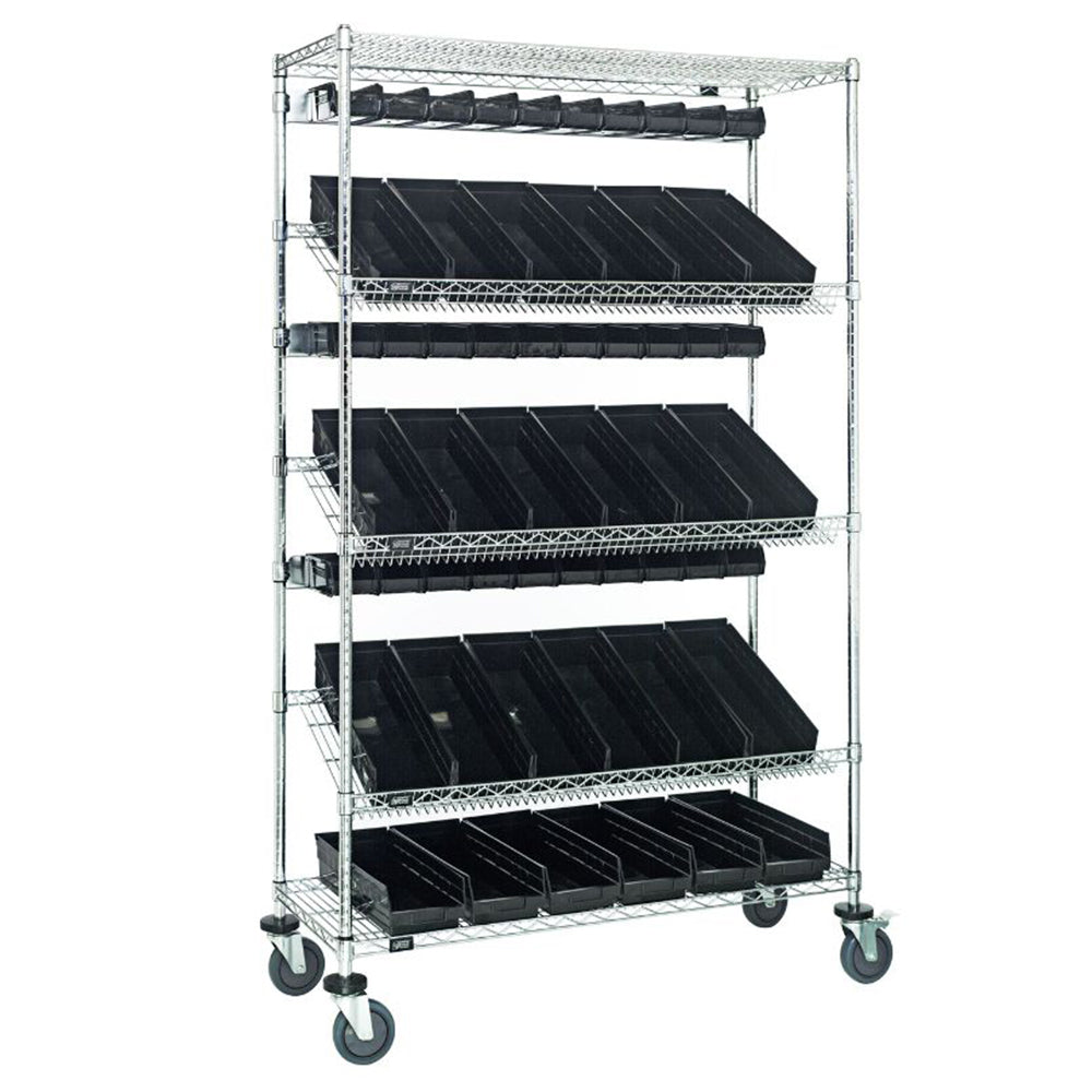 18"d x 48"w x 80"h 5-Tier Slanted Wire Shelving Carts with 3"h Hang Bins & 4"h Shelf Bins