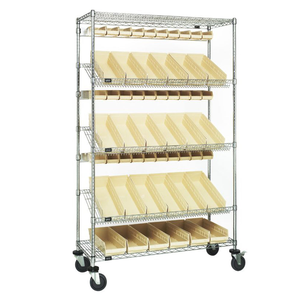 18"d x 48"w x 80"h 5-Tier Slanted Wire Shelving Carts with 3"h Hang Bins & 4"h Shelf Bins