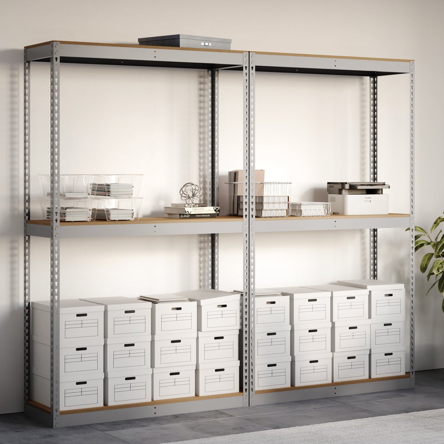 Storage rack with shelves and white storage boxes against a neutral wall.
