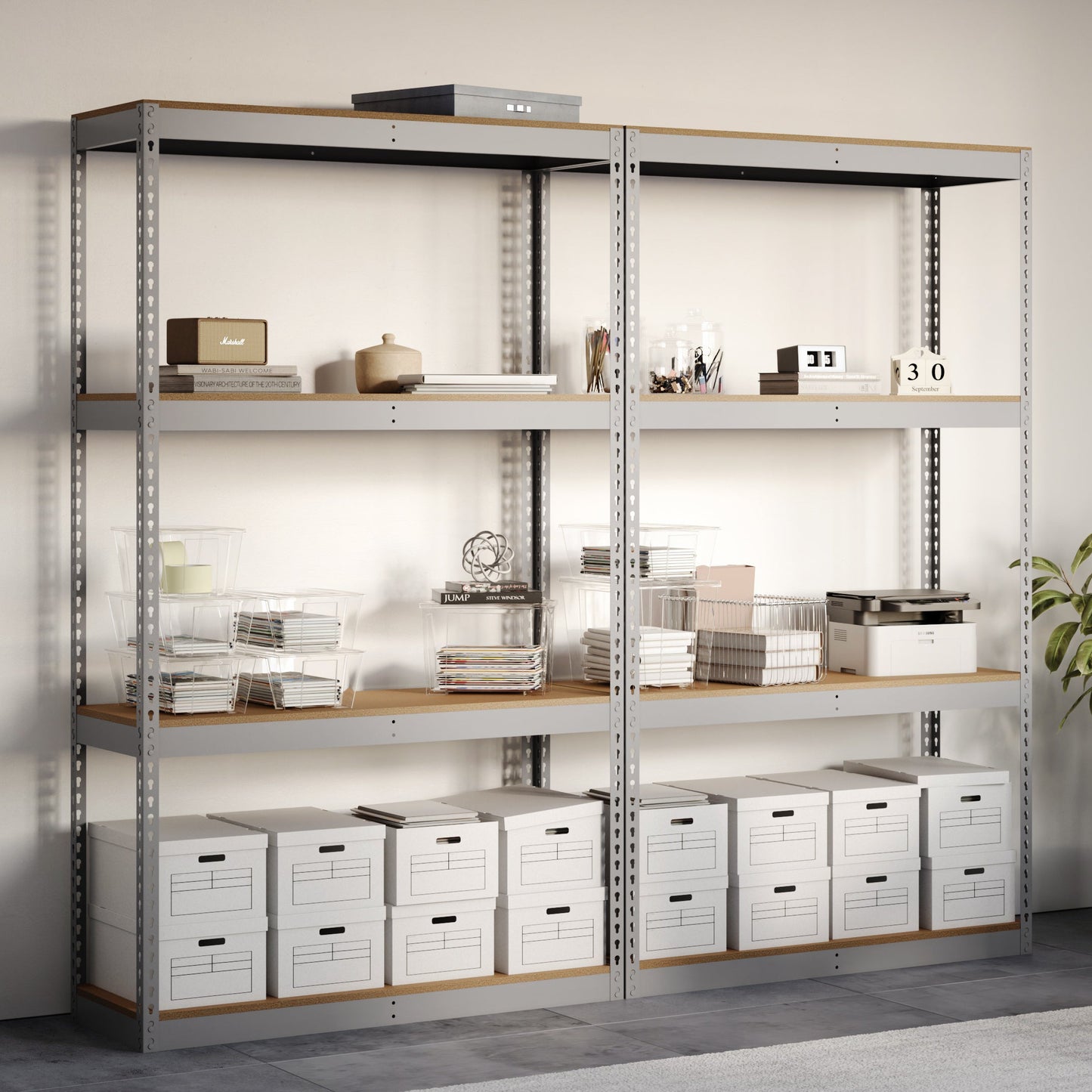 Storage rack with shelves and drawers in a room setting