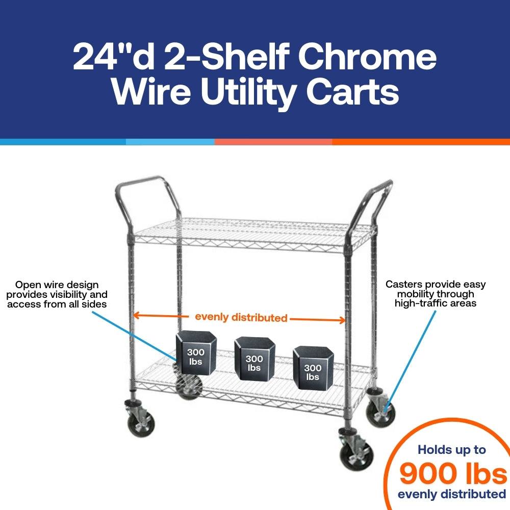 24"d 2-tier chrome wire utility cart