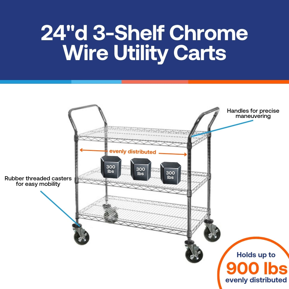 24"d 3-Shelf Chrome Wire Utility Carts