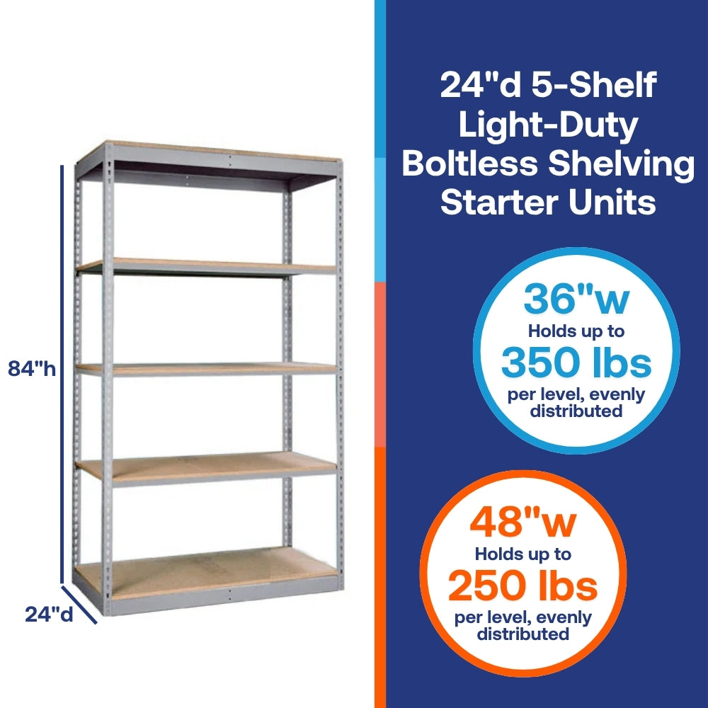 Lyon 24"d 5-Shelf Light-Duty Boltless Shelving Starter Units - Gray