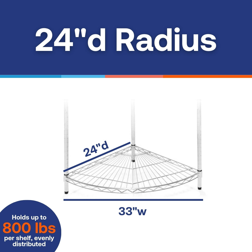 24"d Chrome Wire Radius Corner Unit w/ 5 Shelves