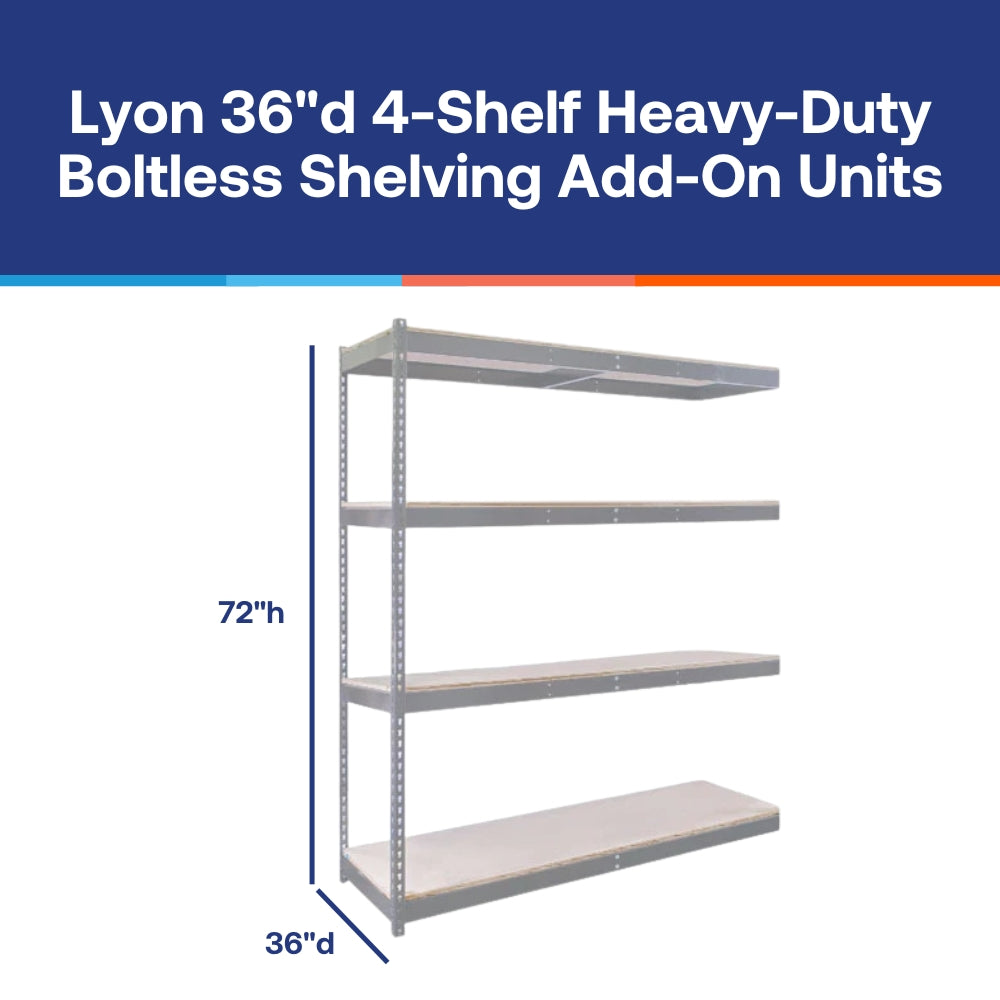 36x48x72 Lyon boltless steel shelving add-on unit, extra-deep 36-inch deep industrial warehouse rack, heavy-duty metal expansion shelving for Detroit automotive and manufacturing storage, 7-foot tall boltless adder - Stocked in Michigan