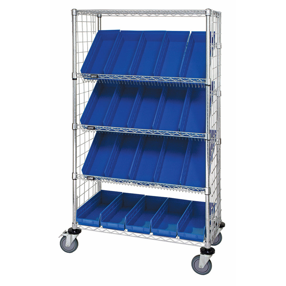 18"d x 36"w x 69"h 5-Tier Enclosed Slanted Wire Shelving Carts with 17-7/8"d x 6-5/8"w x 4"h Bins