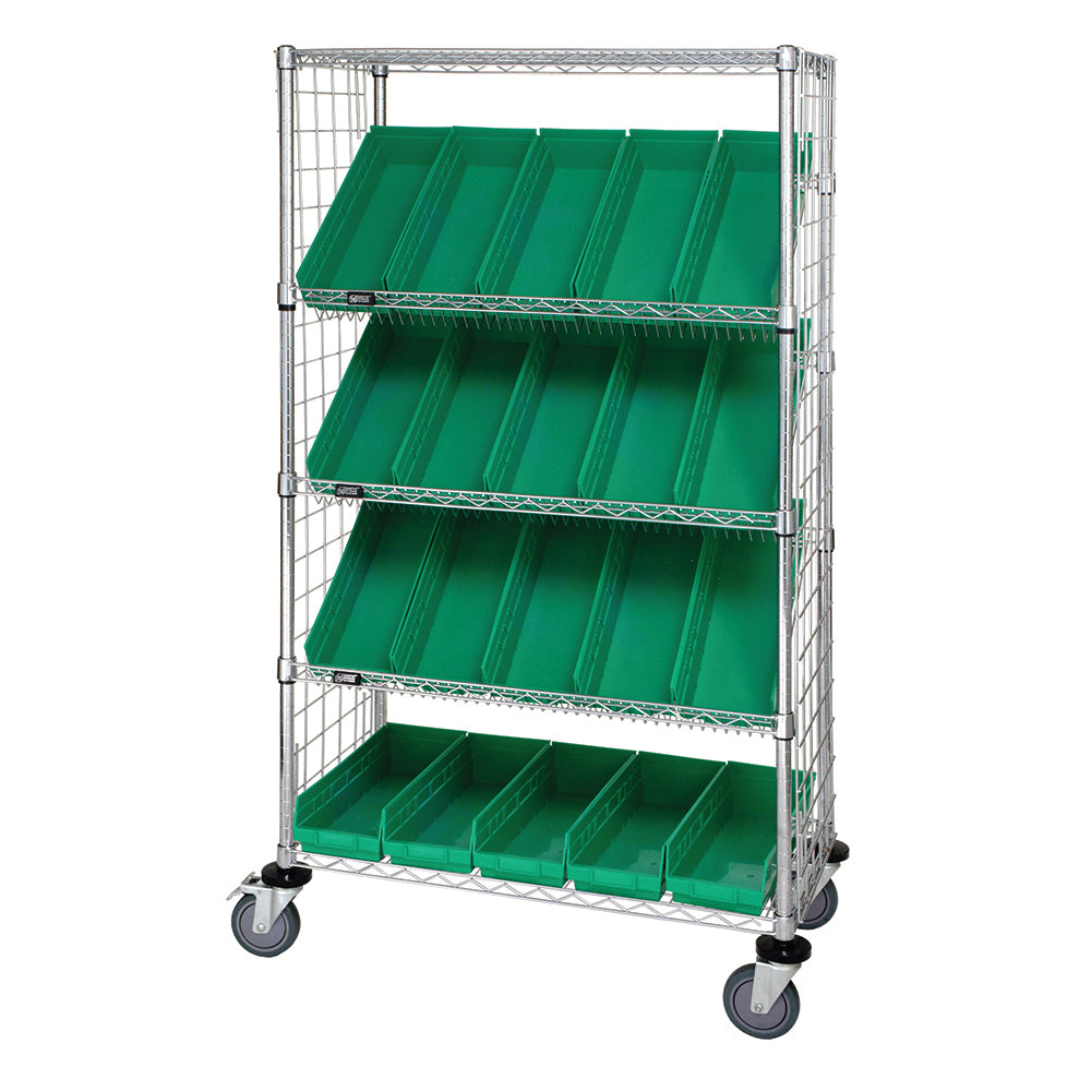 18"d x 36"w x 69"h 5-Tier Enclosed Slanted Wire Shelving Carts with 17-7/8"d x 6-5/8"w x 4"h Bins