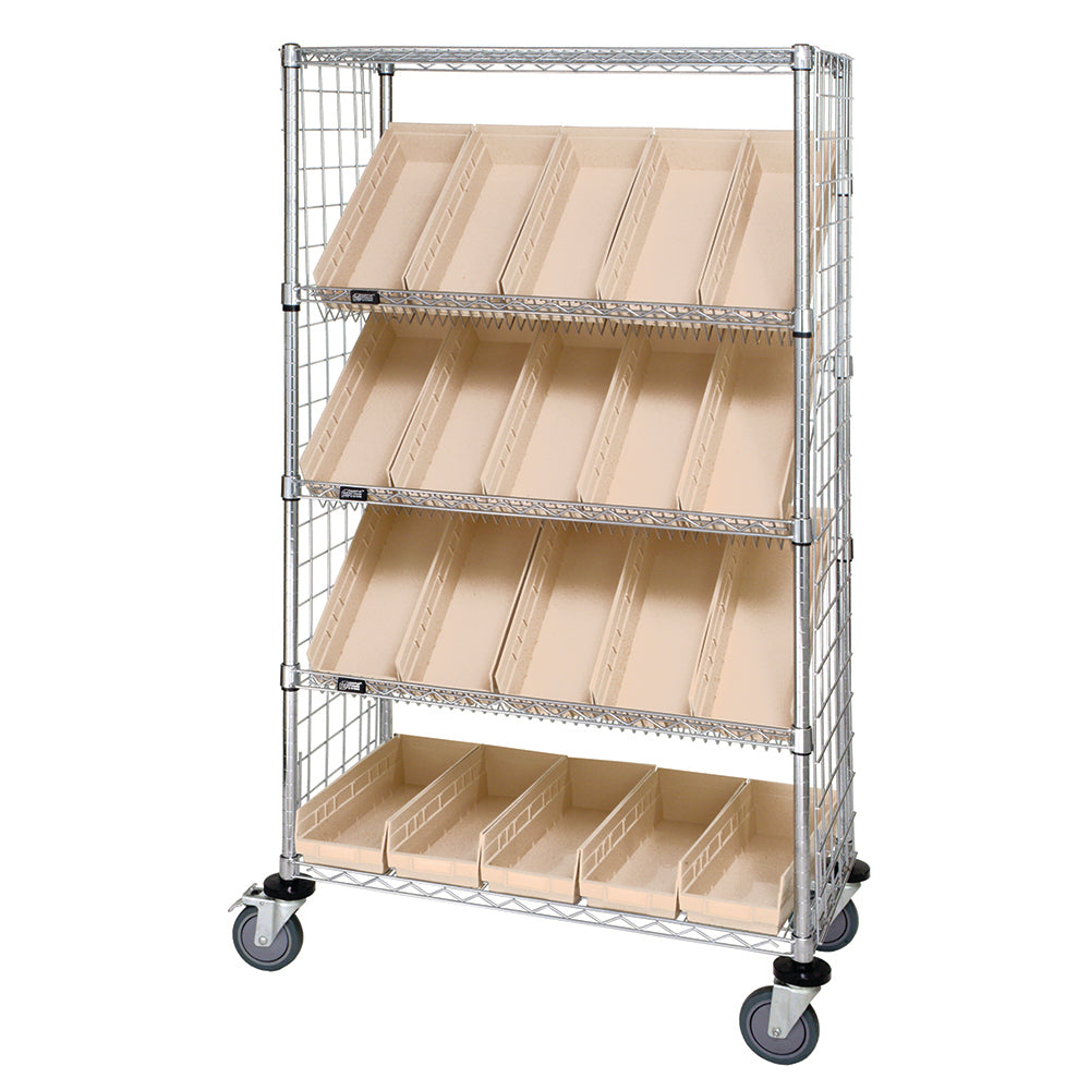 18"d x 36"w x 69"h 5-Tier Enclosed Slanted Wire Shelving Carts with 17-7/8"d x 6-5/8"w x 4"h Bins