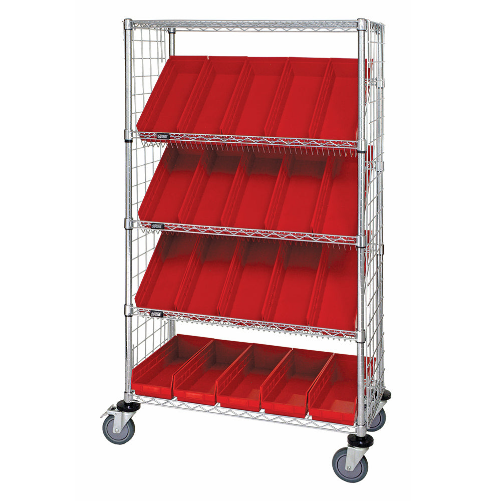 18"d x 36"w x 69"h 5-Tier Enclosed Slanted Wire Shelving Carts with 17-7/8"d x 6-5/8"w x 4"h Bins