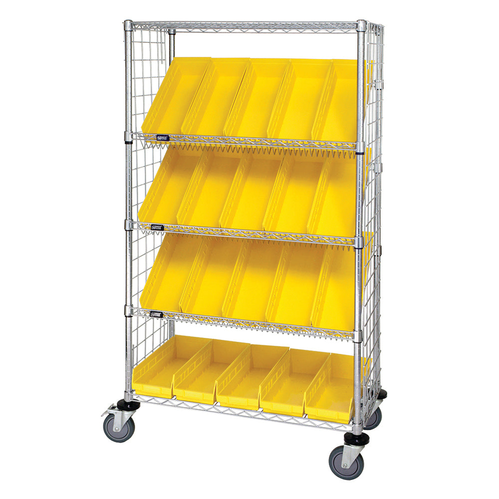 24"d x 36"w x 69"h 5-Tier Enclosed Slanted Wire Shelving Carts with 23-5/8"d x 6-5/8"w x 4"h Bins