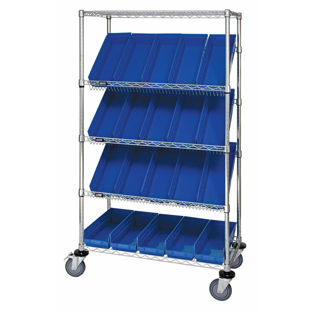 24"d x 36"w x 69"h 5-Tier Open Slanted Wire Shelving Carts with 23-5/8"d x 6-5/8"w x 4"h Bins