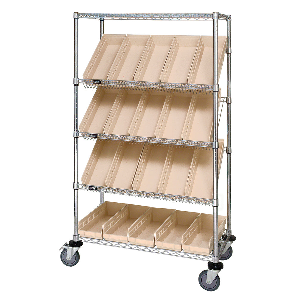 24"d x 36"w x 69"h 5-Tier Open Slanted Wire Shelving Carts with 23-5/8"d x 6-5/8"w x 4"h Bins