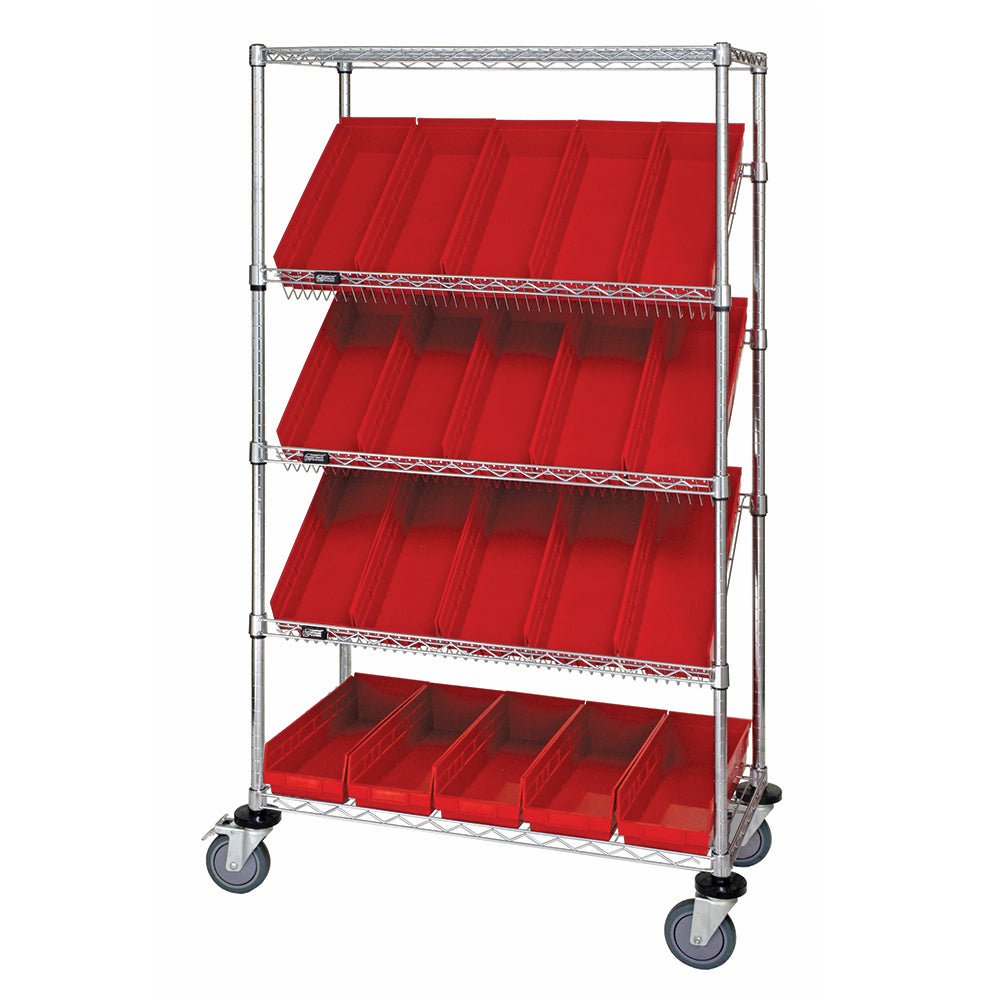 24"d x 36"w x 69"h 5-Tier Open Slanted Wire Shelving Carts with 23-5/8"d x 6-5/8"w x 4"h Bins