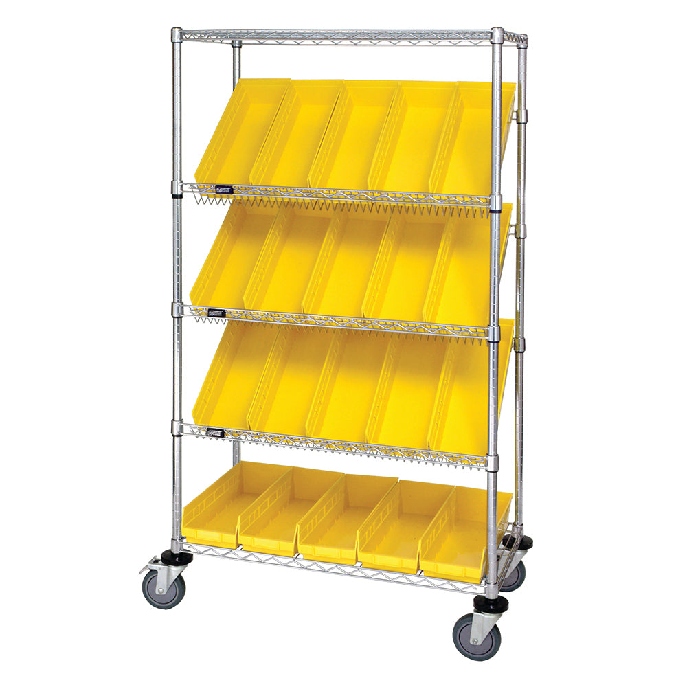 18"d x 36"w x 69"h 5-Tier Open Slanted Wire Shelving Carts with 17-7/8"d x 6-5/8"w x 4"h Bins