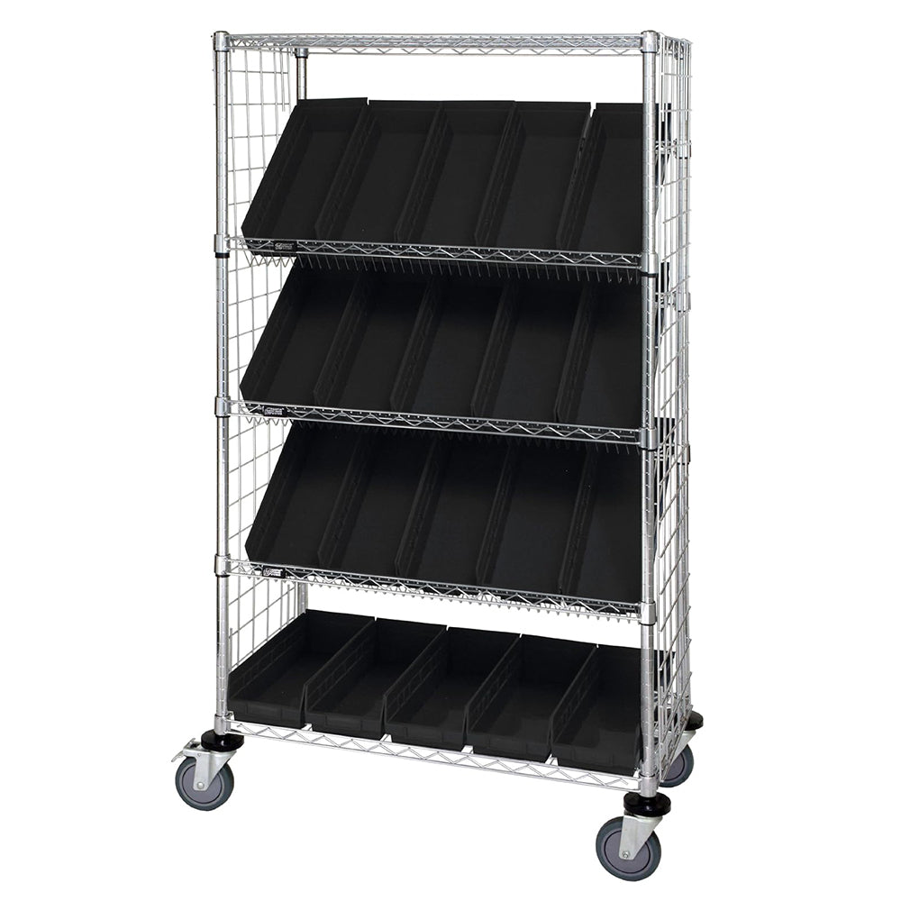 18"d x 36"w x 69"h 5-Tier Enclosed Slanted Wire Shelving Carts with 17-7/8"d x 6-5/8"w x 4"h Bins