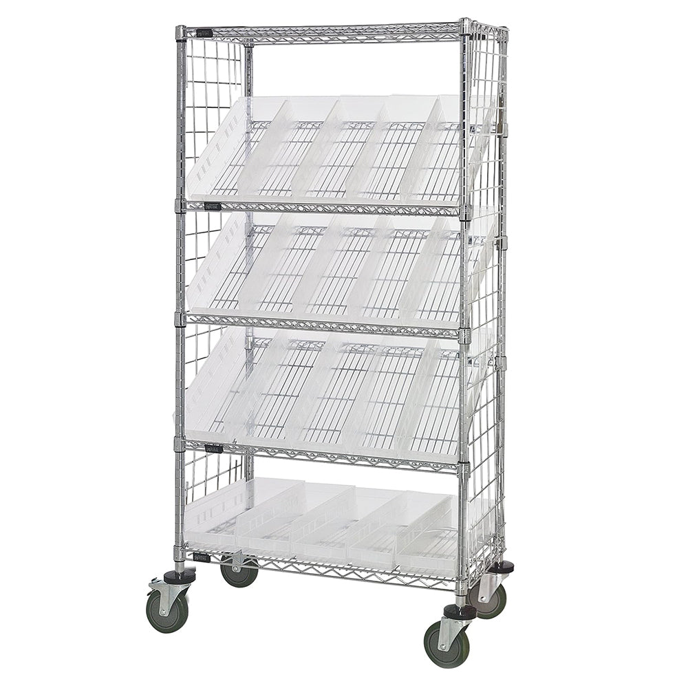 18"d x 36"w x 69"h 5-Tier Enclosed Slanted Wire Shelving Carts with 17-7/8"d x 6-5/8"w x 4"h Bins