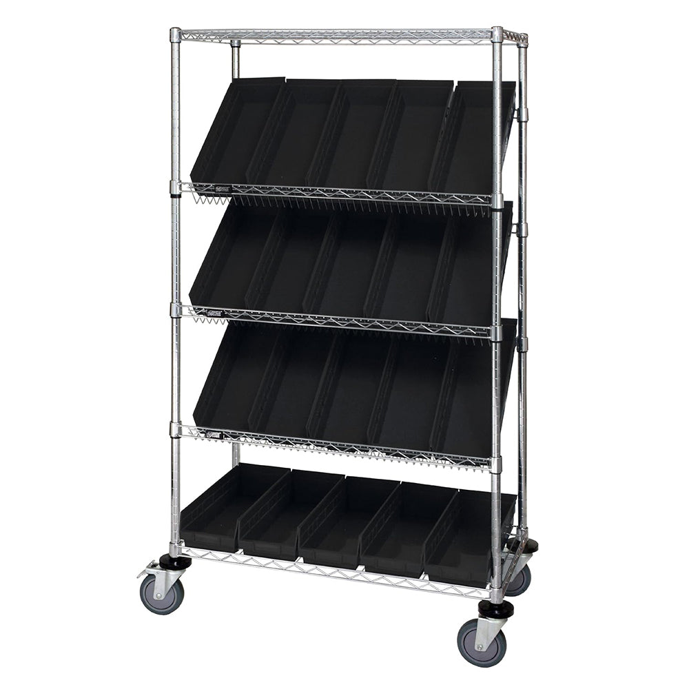 24"d x 36"w x 69"h 5-Tier Open Slanted Wire Shelving Carts with 23-5/8"d x 6-5/8"w x 4"h Bins