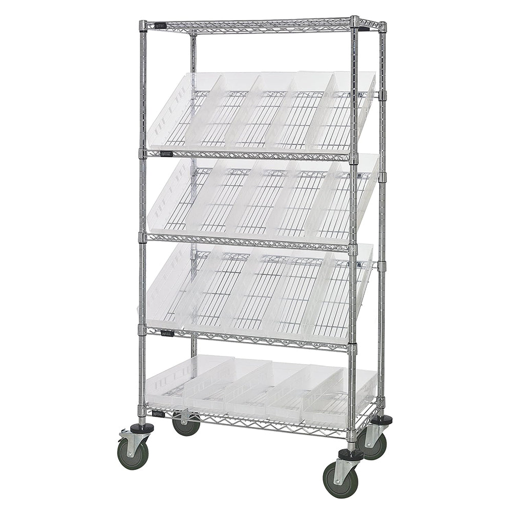 24"d x 36"w x 69"h 5-Tier Open Slanted Wire Shelving Carts with 23-5/8"d x 6-5/8"w x 4"h Bins