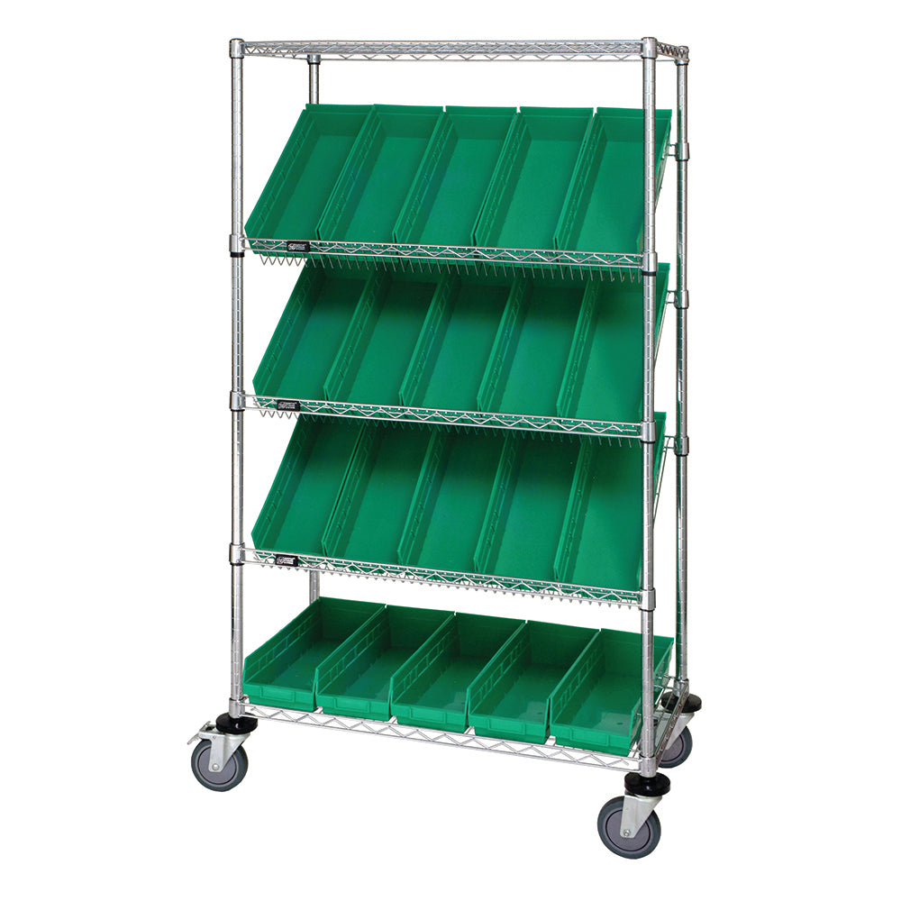 24"d x 36"w x 69"h 5-Tier Open Slanted Wire Shelving Carts with 23-5/8"d x 6-5/8"w x 4"h Bins