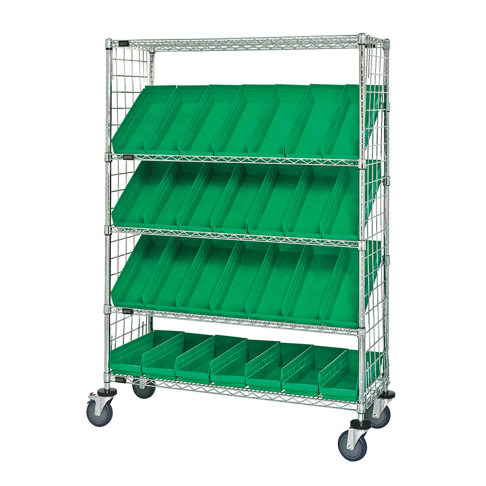 24"d x 48"w x 69"h 5-Tier Enclosed Slanted Wire Shelving Carts with 23-5/8"d x 6-5/8"w x 4"h Bins