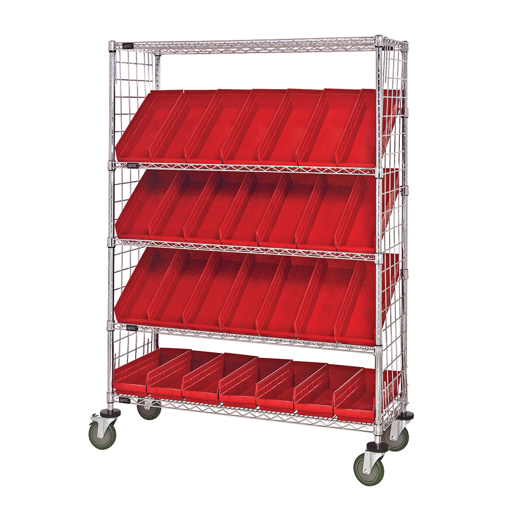 24"d x 48"w x 69"h 5-Tier Enclosed Slanted Wire Shelving Carts with 23-5/8"d x 6-5/8"w x 4"h Bins