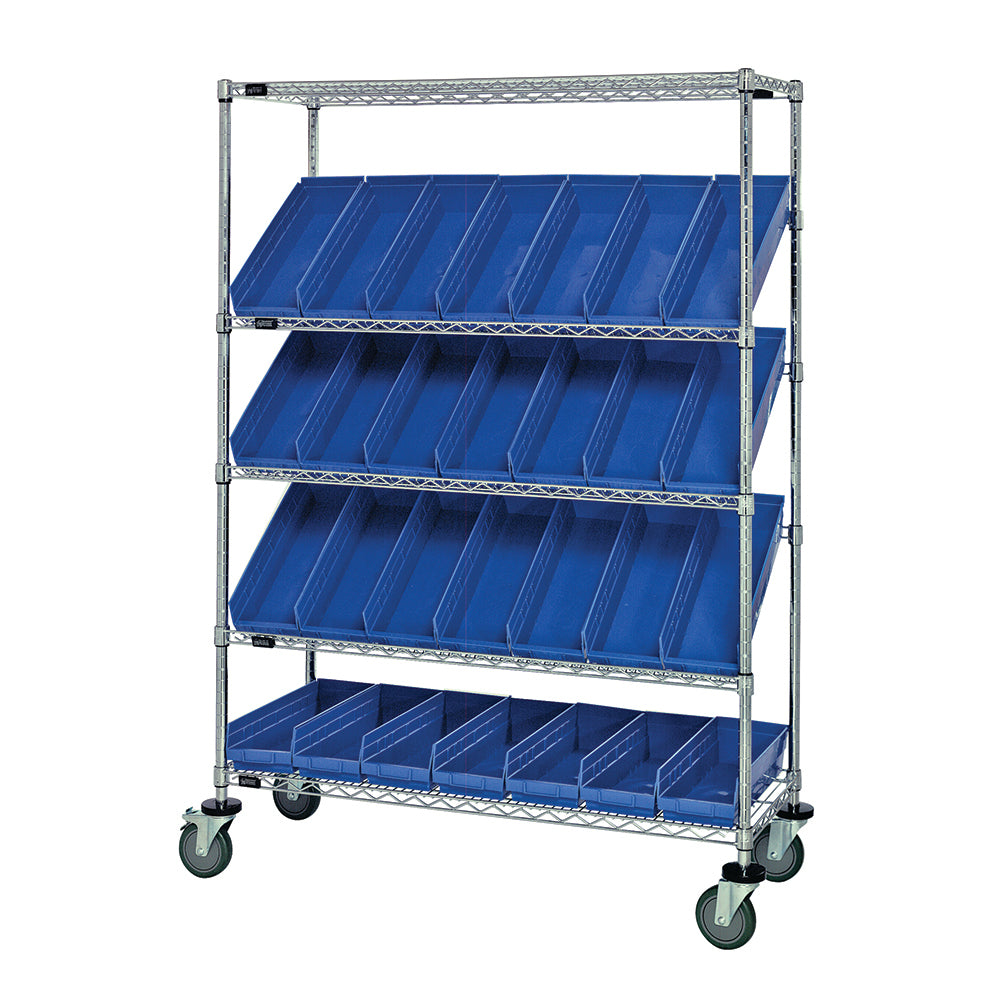 18"d x 48"w x 69"h 5-Tier Open Slanted Wire Shelving Carts with 17-7/8"d x 6-5/8"w x 4"h Bins