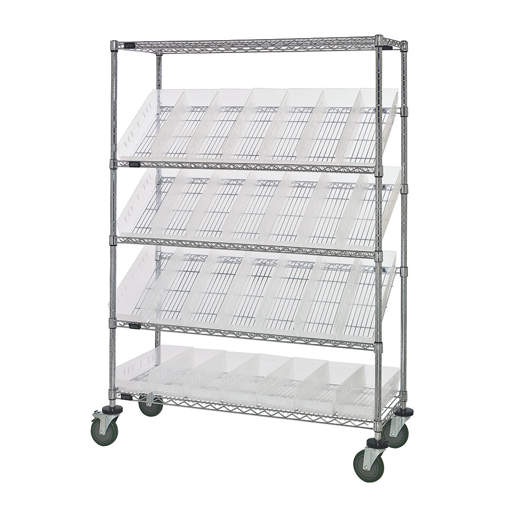 18"d x 48"w x 69"h 5-Tier Open Slanted Wire Shelving Carts with 17-7/8"d x 6-5/8"w x 4"h Bins