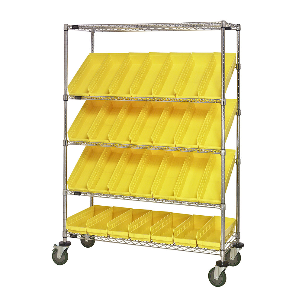 18"d x 48"w x 69"h 5-Tier Open Slanted Wire Shelving Carts with 17-7/8"d x 6-5/8"w x 4"h Bins