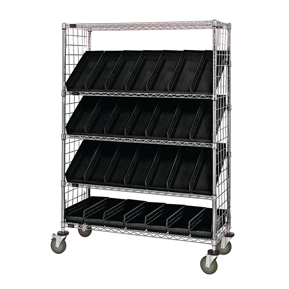 24"d x 48"w x 69"h 5-Tier Enclosed Slanted Wire Shelving Carts with 23-5/8"d x 6-5/8"w x 4"h Bins