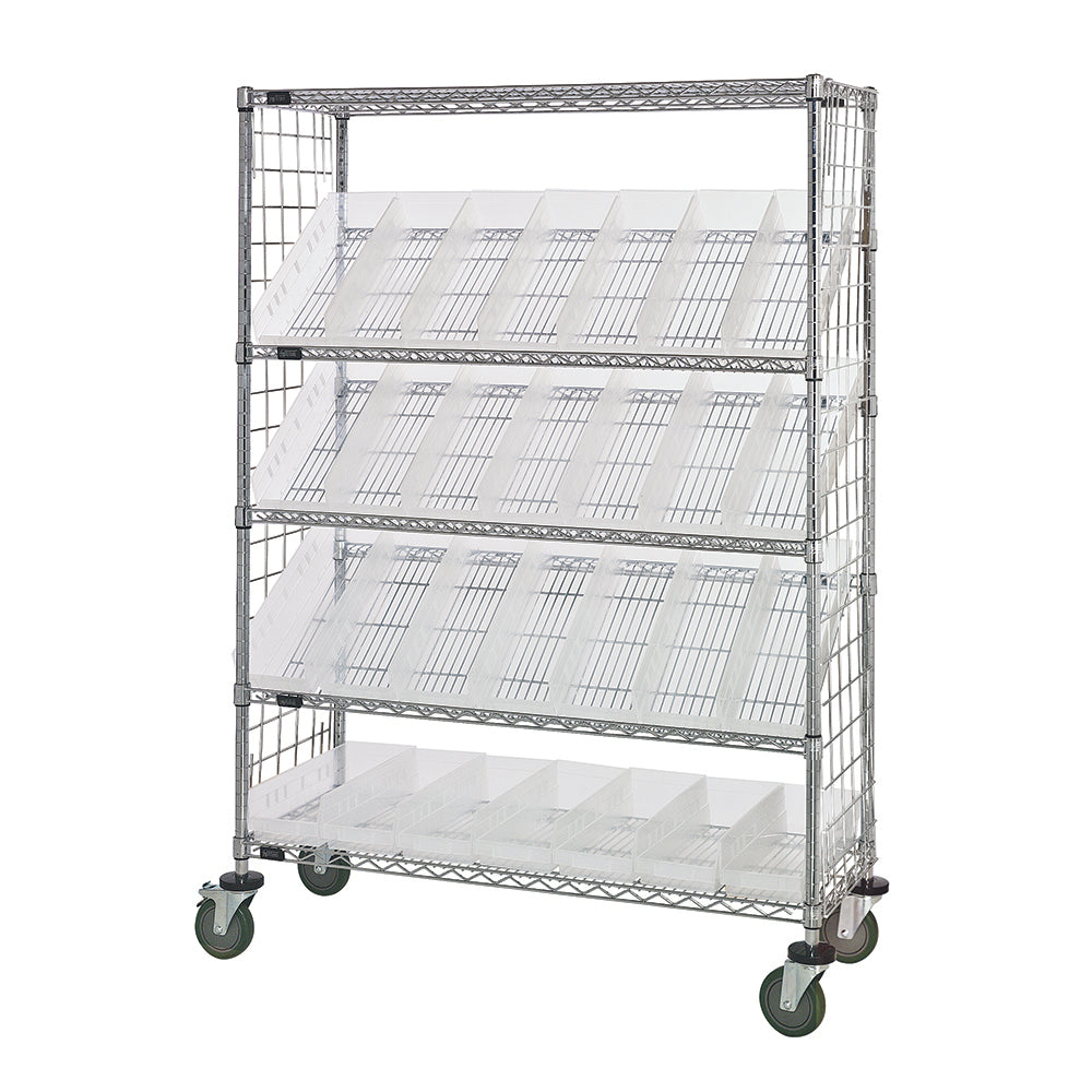 24"d x 48"w x 69"h 5-Tier Enclosed Slanted Wire Shelving Carts with 23-5/8"d x 6-5/8"w x 4"h Bins
