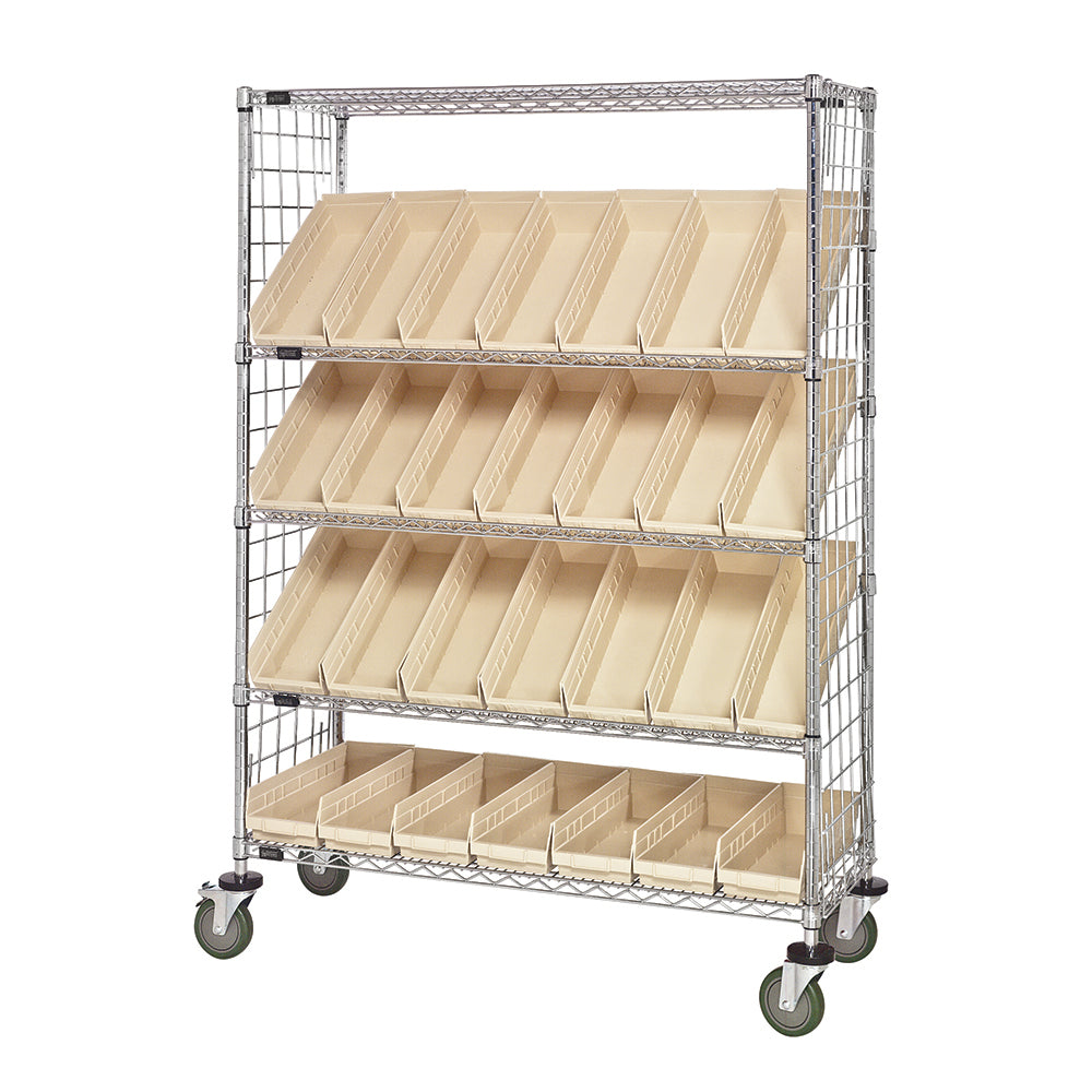 24"d x 48"w x 69"h 5-Tier Enclosed Slanted Wire Shelving Carts with 23-5/8"d x 6-5/8"w x 4"h Bins