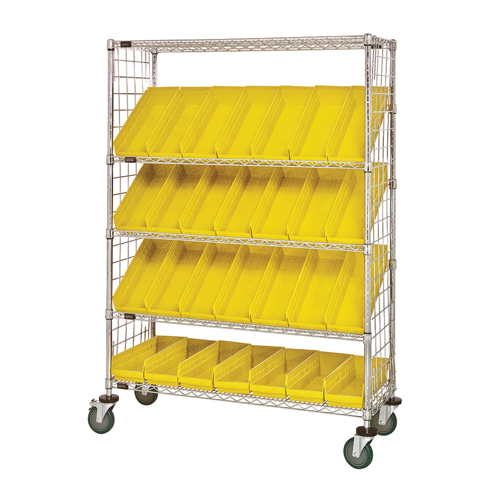 24"d x 48"w x 69"h 5-Tier Enclosed Slanted Wire Shelving Carts with 23-5/8"d x 6-5/8"w x 4"h Bins