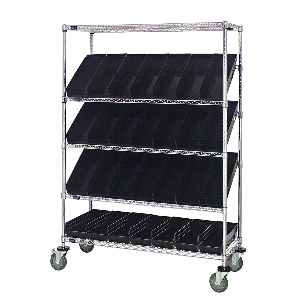 18"d x 48"w x 69"h 5-Tier Open Slanted Wire Shelving Carts with 17-7/8"d x 6-5/8"w x 4"h Bins