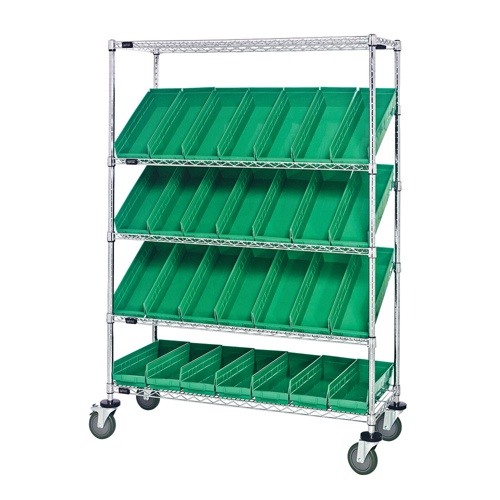 18"d x 48"w x 69"h 5-Tier Open Slanted Wire Shelving Carts with 17-7/8"d x 6-5/8"w x 4"h Bins