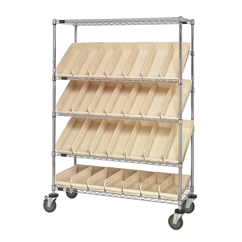 18"d x 48"w x 69"h 5-Tier Open Slanted Wire Shelving Carts with 17-7/8"d x 6-5/8"w x 4"h Bins